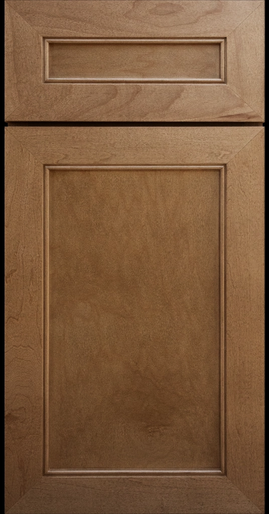 Alpine-style mitered shaker cabinet in Honey Stain with a flat center panel & inside bead detail.
